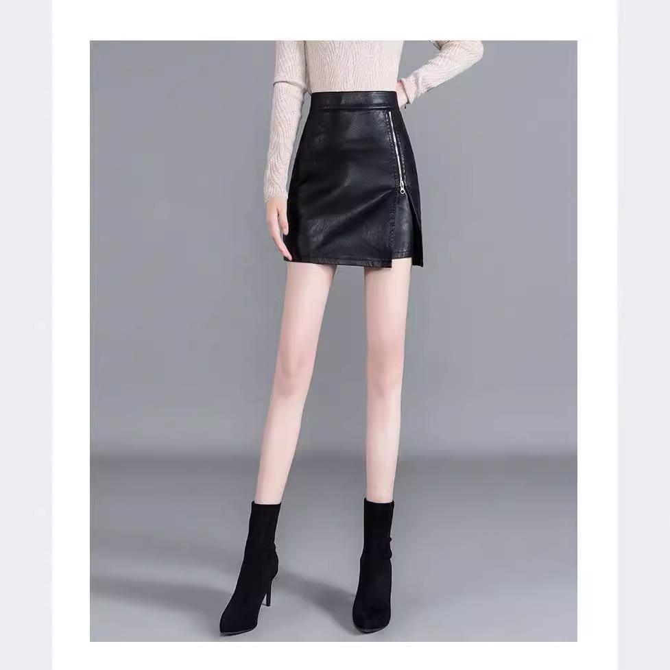 Korean Style High Waist Leather Midi Skirt with Slit - Women’s Autumn/Winter A-line Black Skirt