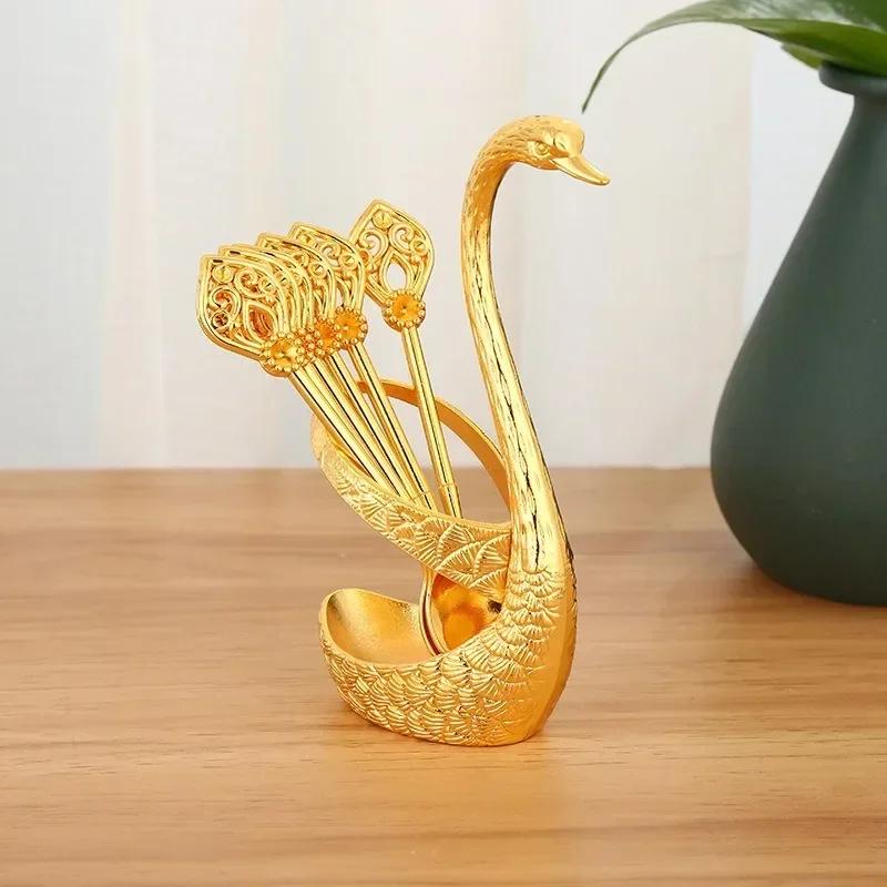 6Pcs Coffee Spoon Set Ice Cream Cake Scoop Afternoon Tea Dessert Spoons Swan Shape Storage Rack Kitchen Cutlery Creative Gifts