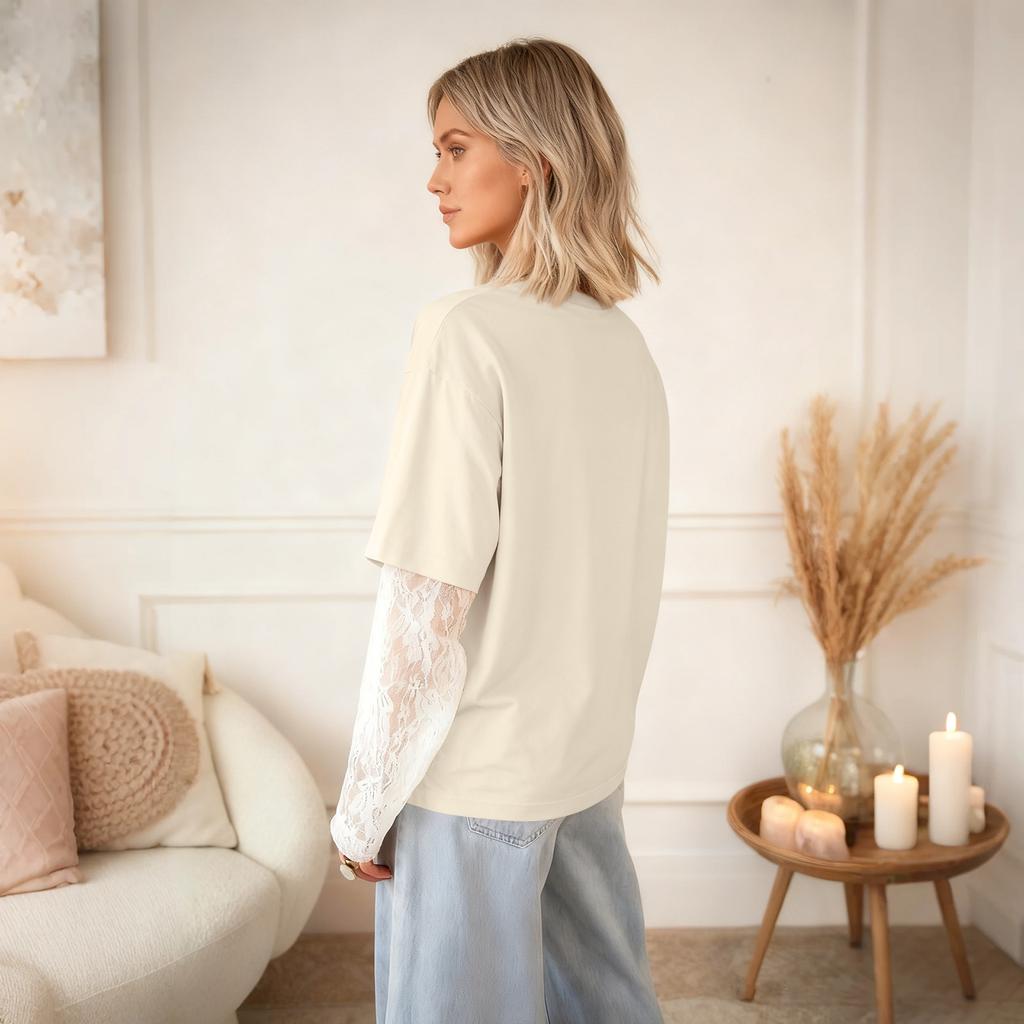 Women's Long Sleeve Lace Patchwork Neck Top Casual T-Shirt