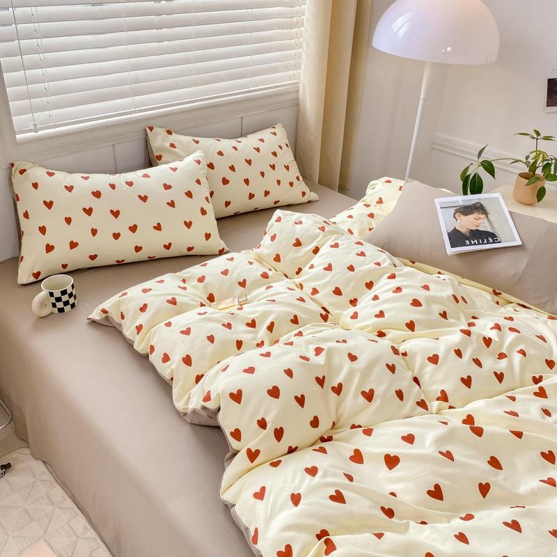 Korean Style Bedding Set Red Heart Twin Queen Size Duvet Cover Flat Sheet Pillowcase Bed Linen Kids Adult Fashion Home Textile