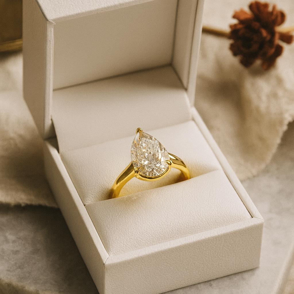 Pear Cut Moissanite Engagement Ring, Prong Set Bridal Jewelry, Solitaire Wedding Ring, Yellow Gold Plated Silver