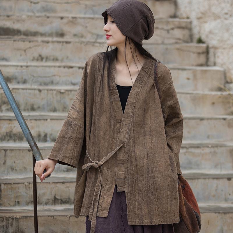 Women's Zen-Style Tie-Dye Pleated Cotton Linen Jacket with Lace-Up Oblique Lapel