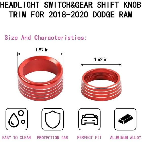 Red Headlight&Gear Knob Switch Knob Cover Ring for 2018+ Dodge RAM 1500 Aluminum