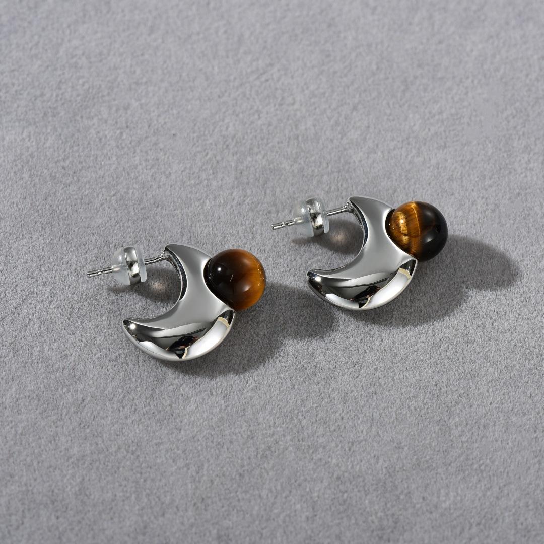 High-End Minimalist Metal Crescent Inlaid Tiger S Eye Earrings S925 Silver Needle Stud Earrings Niche Temperament Earrings