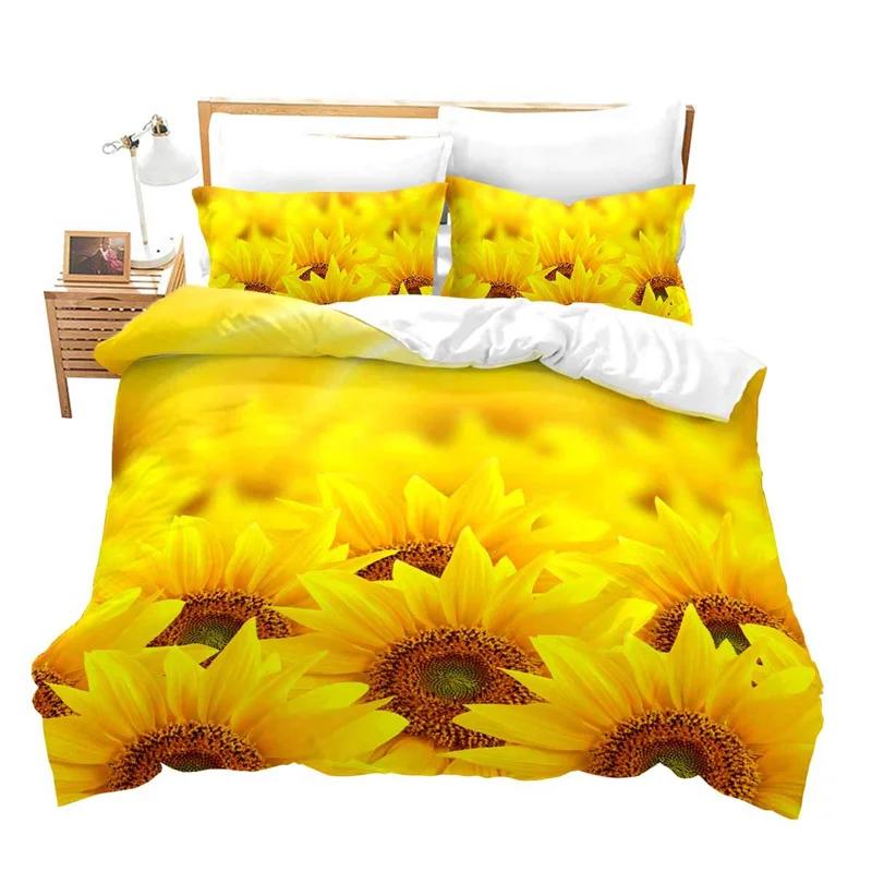 Sonnenblumen-Bettbezug, gelbes Blumen-Bettwäscheset, Einzel- und King-Size-Mikrofaser, Bauernhaus-Bettbezug mit grünen Blättern und Blumenmuster und Kissenbezug