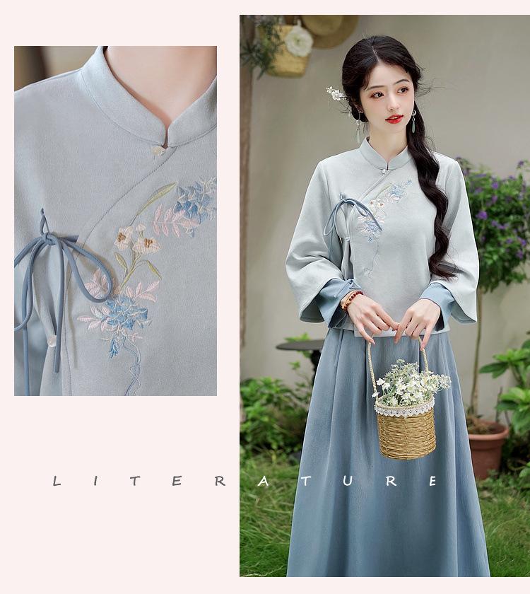 Chinese Retro Wisteria Embroidered Tang Suit Hanfu Cheongsam Top Tea Set