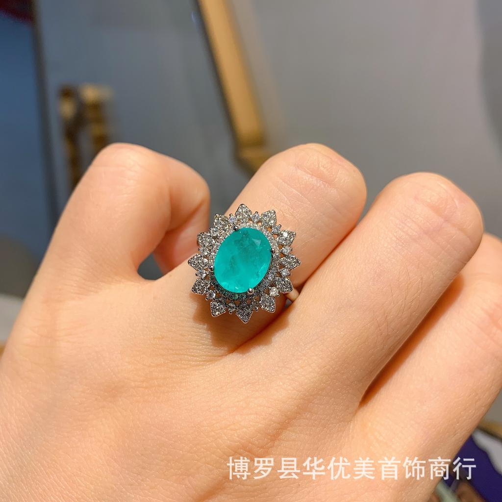 Internet Celebrity Live Broadcast Circular Simulation Paraiba Set Pendant Necklace Ring Earring Wedding Jewelry Three Piece