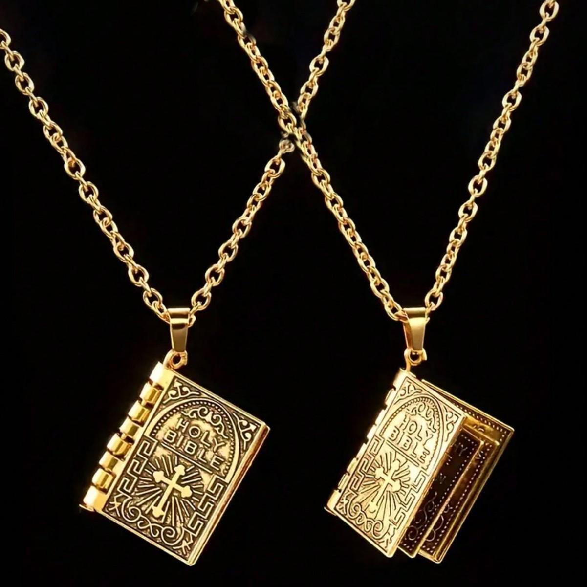 

1 шт. Модное ожерелье-подвеска из полированного сплава в виде книги Библии для мужчин и женщин, винтажное ожерелье с открывающейся Библией, подарки для друга Gold