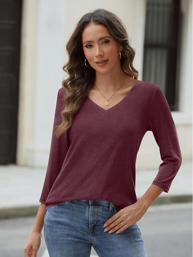 2024 Autumn V-neck Mid-sleeve Loose Casual Solid Color Women s Top L