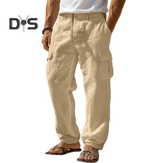 

Мужские повседневные прямые брюки, однотонные уличные брюки, свободный крой, пляжные брюки с несколькими карманами для фитнеса, путешествий, повседневной носки XL хаки