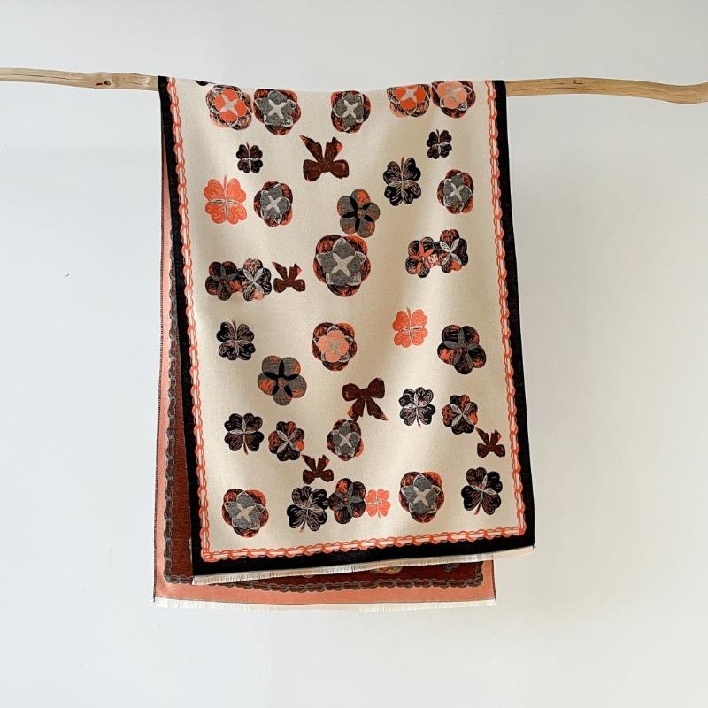 Elegant Camellia Double Sided Printed Warm Imitation Cashmere Scarf For Women