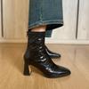 Whole Sheepskin~ Temperament Thin Boots High Heel 7CM Short Boots Women's Thick Heel 2025 New French Retro Square Head Black Boots