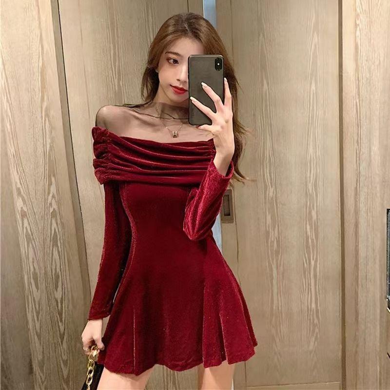 One-word shoulder mesh splicing red long-sleeved dress women's autumn and winter temperament sexy waist a-word dress short skirt