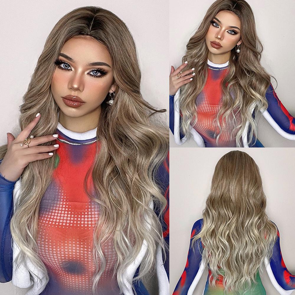 HENRY MARGU Blond Platinový Ombre Hnědý Syntetický Paruka pro Ženy Dlouhá Vlnitá Přirozená Paruka Cosplay Paruka s Cestičkou Uprostřed Žáruvzdorná