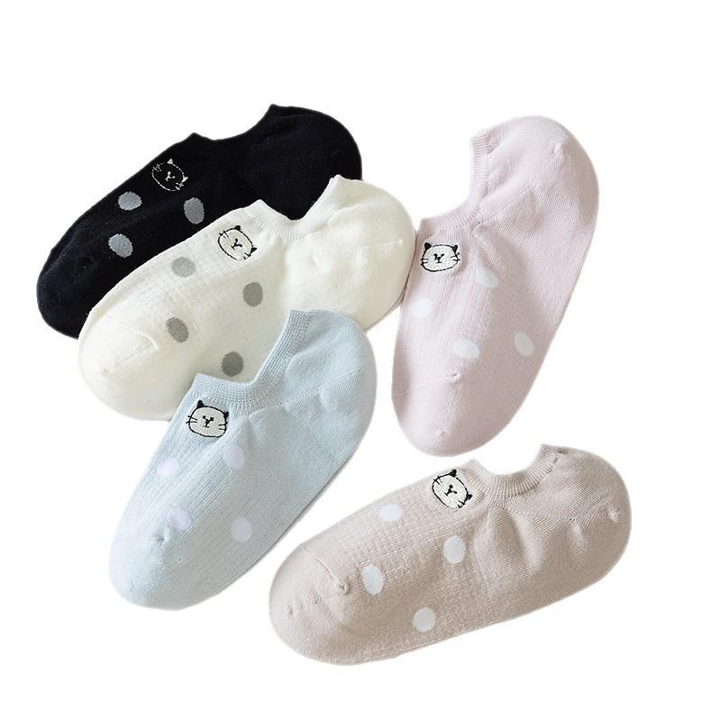 Women's Summer Thin Polka Dot Embroidered Kittens with Shallow Mouth Non Slip Invisible Boneless Boat Socks