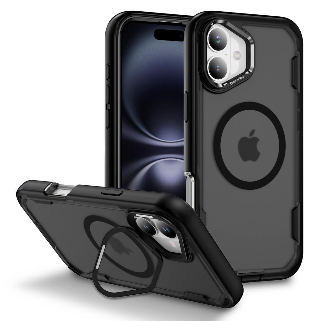 Voor iPhone 16 Hoesje Compatibel met MagSafe Lensframe Kickstand TPU + PC Schokbestendige Telefoonhoes