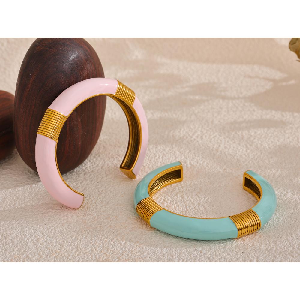 Yhpup Blue Pink Enamel High Quality Cuff Open Bracelet Bangle for Women 18K Gold PVD Plated Fashion Statement Wrist Jewelry Gift