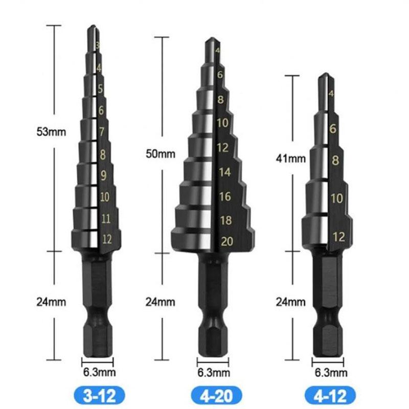HSS Stufenbohrer-Set Stickstoffbeschichtet Gerade Nut Schnellarbeitsstahl Stufenkonus Konisch Sechskantschaft Lochschneider