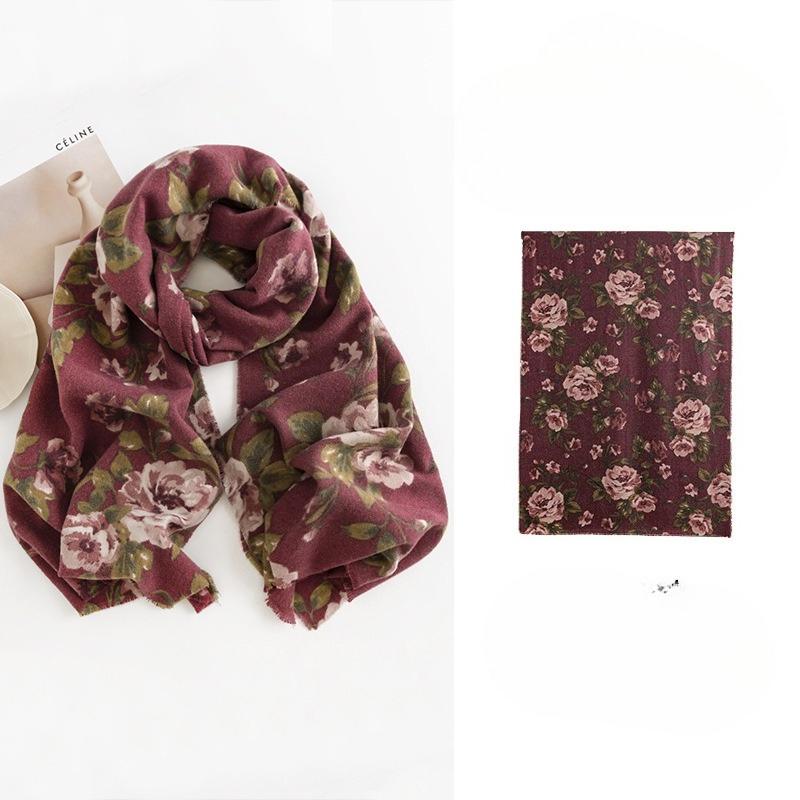New Autumn and Winter Imitation Cashmere Tassel Shawl Fresh and Sweet Rose Print Cold Proof Warm Scarf