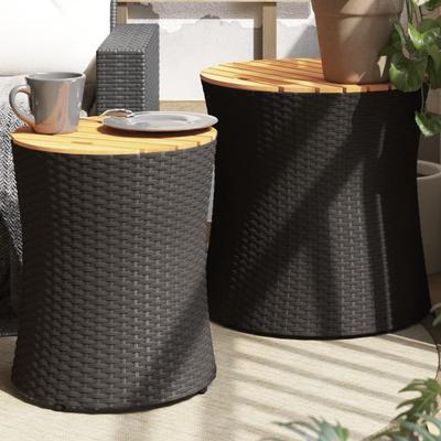Vidaxl Garden Tables, 2 Pcs, Wooden Tops, Black, Poly Rattan