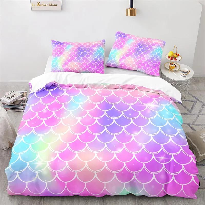 Colorful Fish Scales Bedding Set Twin King For Kids Girl Blue Pink Mermaid Skin Surface Print Duvet Cover Polyester Quilt Cover