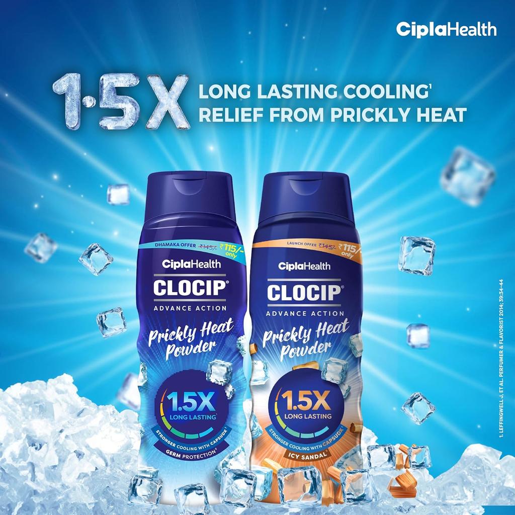 Cipla Clocip Advance Action Prickly Heat Powder 150g Pack of 2 Sweat Control Antiperspirant
