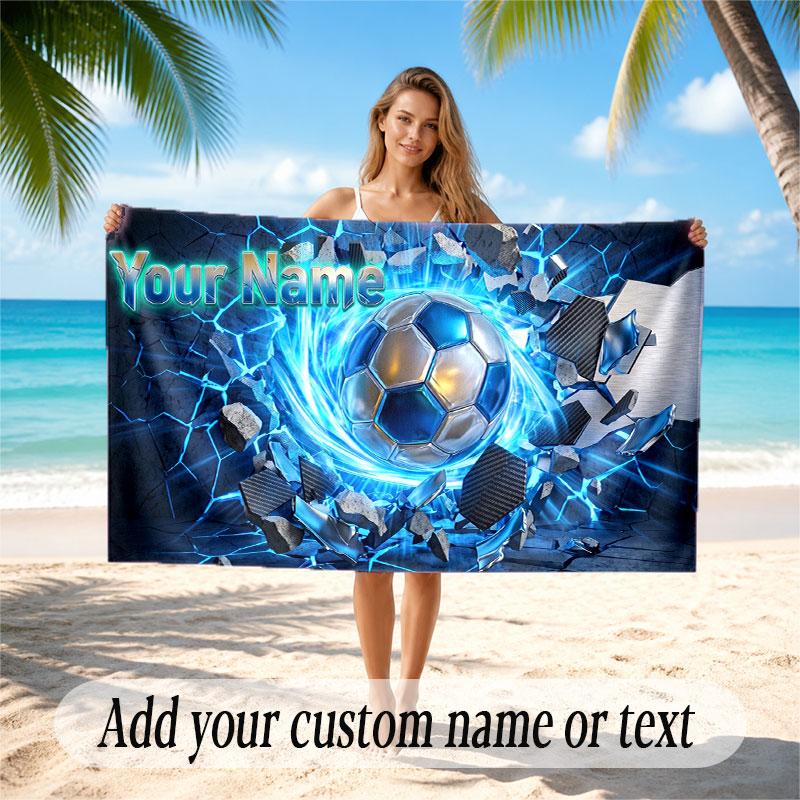 Soccer Theme Beach Towel Personalized Custom Name & Text Soft Quick Dry Beach Towel for Swimming Travel