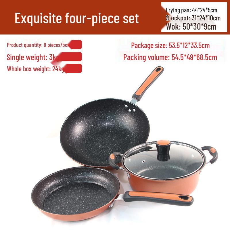 Thirteen-Piece Non-Stick Cookware Set: Includes Spatula, Soup Pot, Milk Pot, Frying Pan, and More.