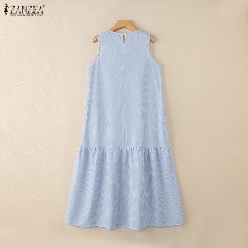 ZANZEA Women Round Neck Loose Casual Stripe Sleeveless Dress