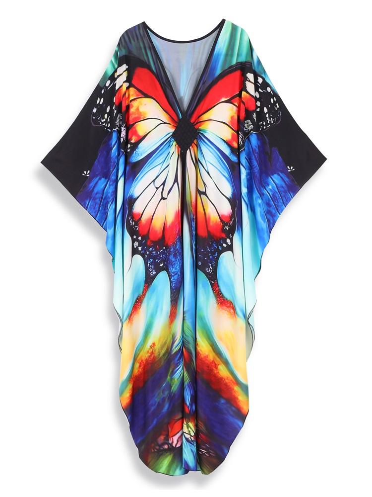 EDOLYNSA 2024 Plus Size Colorful Butterfly Printed Hand-knit V Neck Casual Kaftan Women House Dress Summer Beachwear Swimsuit Cover Up Q1634