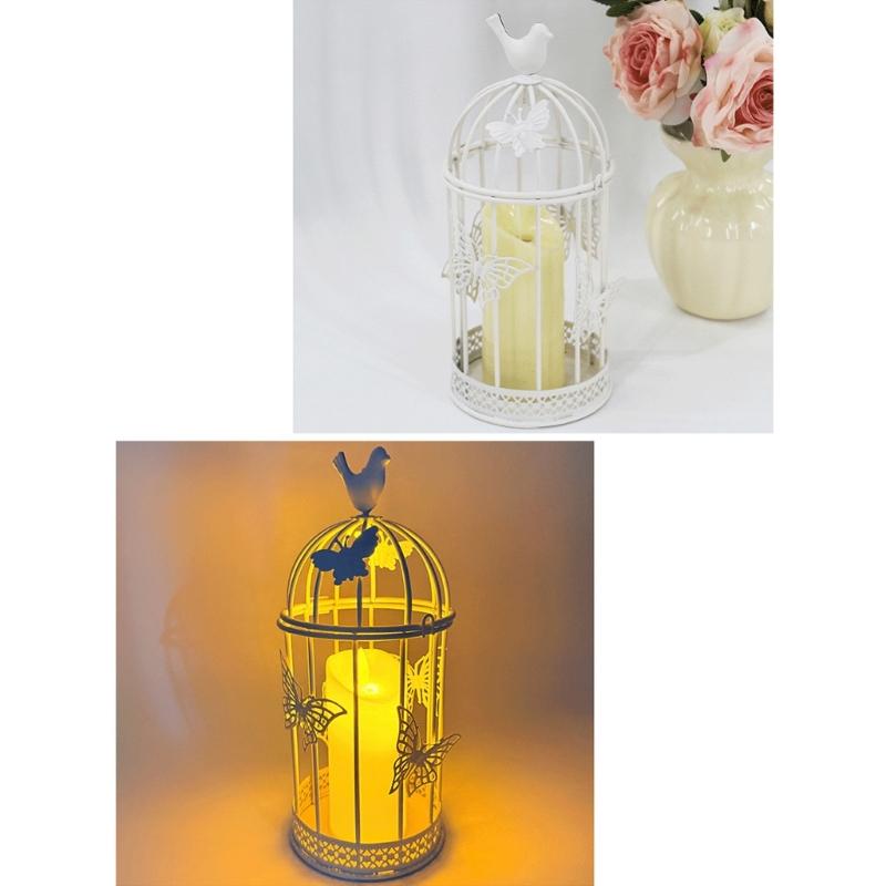 White Iron Candle Holders, Birdcage Frame with Butterfly Accent and Bird Top Detail, Antique Candlestick Lantern for Living Room, Entryway, or Study