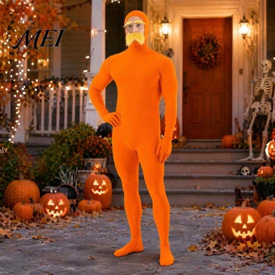 Soft Stretchy Bodysuit Face Open Halloween Costume, Unisex Full Body Orange with Beard Elastic Fabric Costume Eyebrows for Men Women, Adult