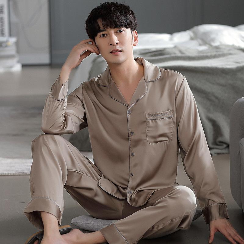 Pajamas Men'S Spring And Autumn Ice Silk Long Sleeve Men'S Autumn Simulation Silk Thin Men'S Summer Homewear Set