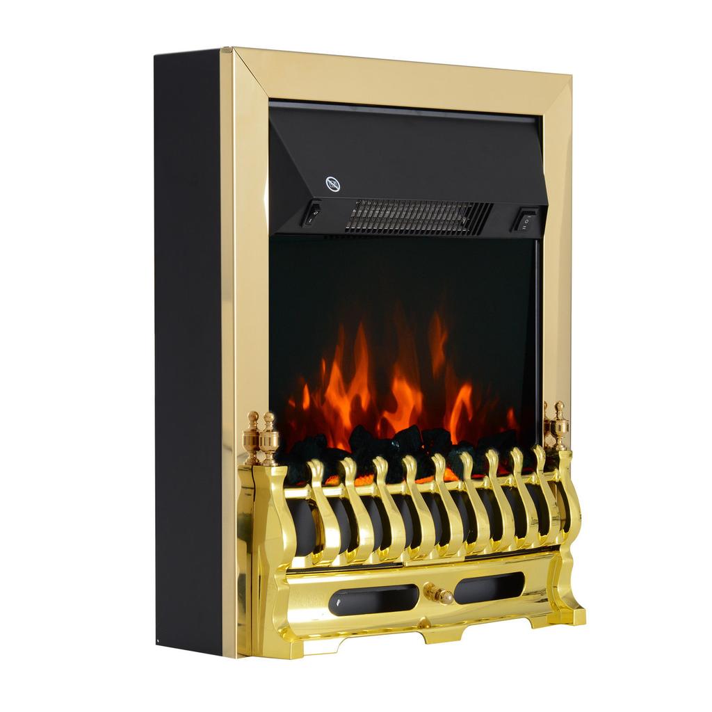 Camino Elettrico con Riscaldamento, Camino Elettrico con Effetto Fiamma a LED, Camino Decorativo 1000/2000W, Stufa da Incasso Elettrica, Oro