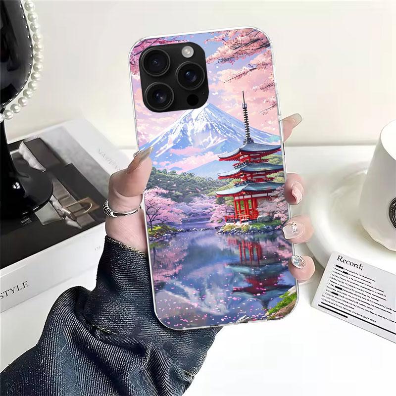 Japanese Cherry Mount Fuji Soft Phone Case For IPhone 11 17 Air 16E 16 Pro Max 15 + 14 Plus 13 Mini 12 Apple 7 SE 8 Fundas Coque