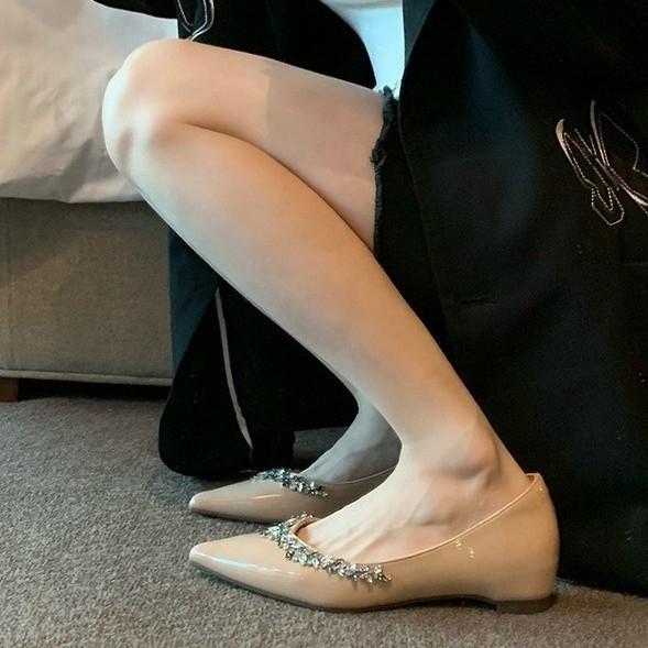 Sheepskin new French evening wind rhinestone pointed flat shoes women's shallow mouth inner height increase single shoes commuter soft sole women