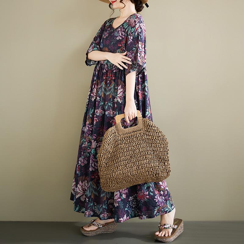 DIMANAF New 2026 Summer Beach Women Plus Size Lady Long Dress Loose Oversize Maxi Floral Print Cotton Vintage