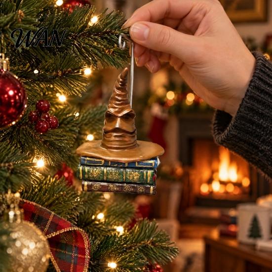 Small Desktop Figurine Sorting Hat Christmas Ornament, Resin Sitting on Book Hanging Home Window Decoration for Xmas Tree, Holiday Party Decor
