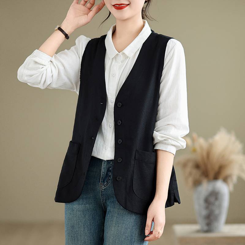 Women's V Neck Sleeveless Linen Blend Waistcoat Oversized Loose Button Down Vest Vintage Retro Pocket Layering Gilet Spring Summer Casual Outerwear