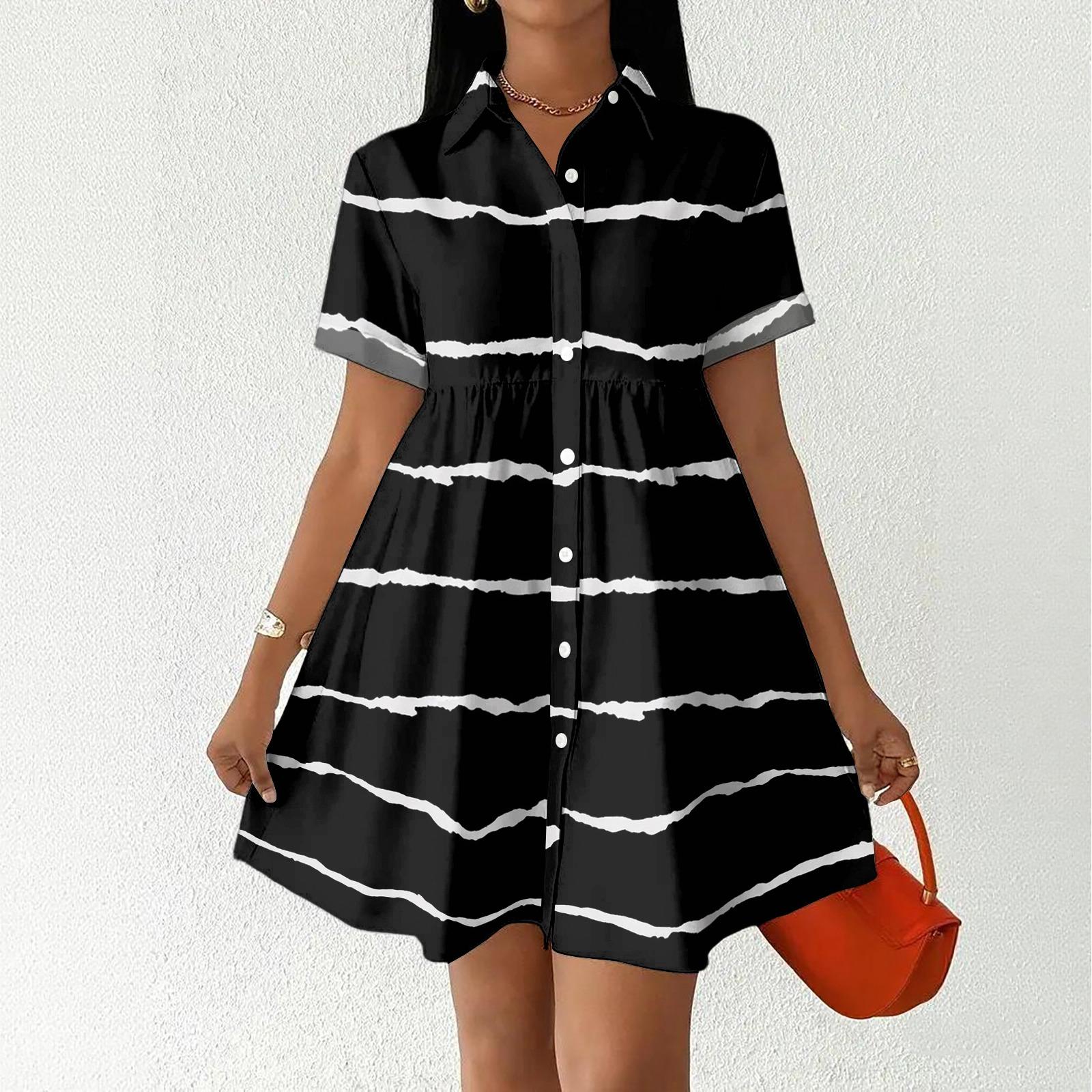 

Women Loose Fit Shirt Dress Button Front Stand Collar Short Sleeve Casual Dress with Stripe Print for Daily Wear XXL чёрный