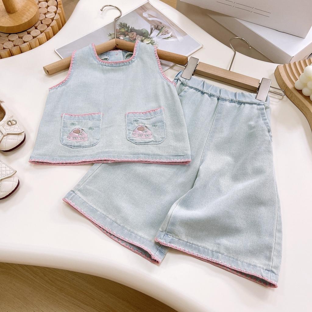 Girls Summer Lace Cute Set Middle Child Embroidered Sleeveless Top + Wide Leg Pants Two Piece Set