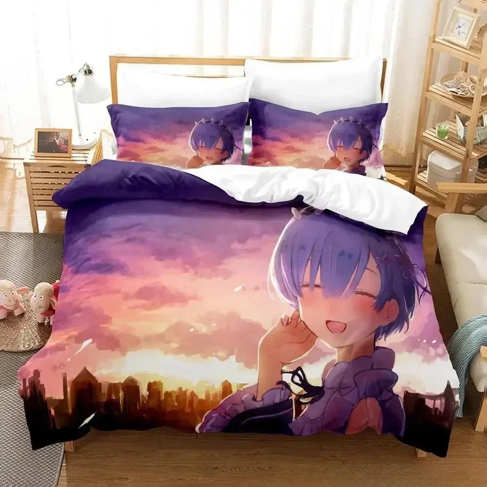 New Re Zero Rem Ram Bedding Set Cartoon Anime Three-piece Set Adult Kid Bedroom Duvet Cover Sets 3D Kawaii Girl Home Textile