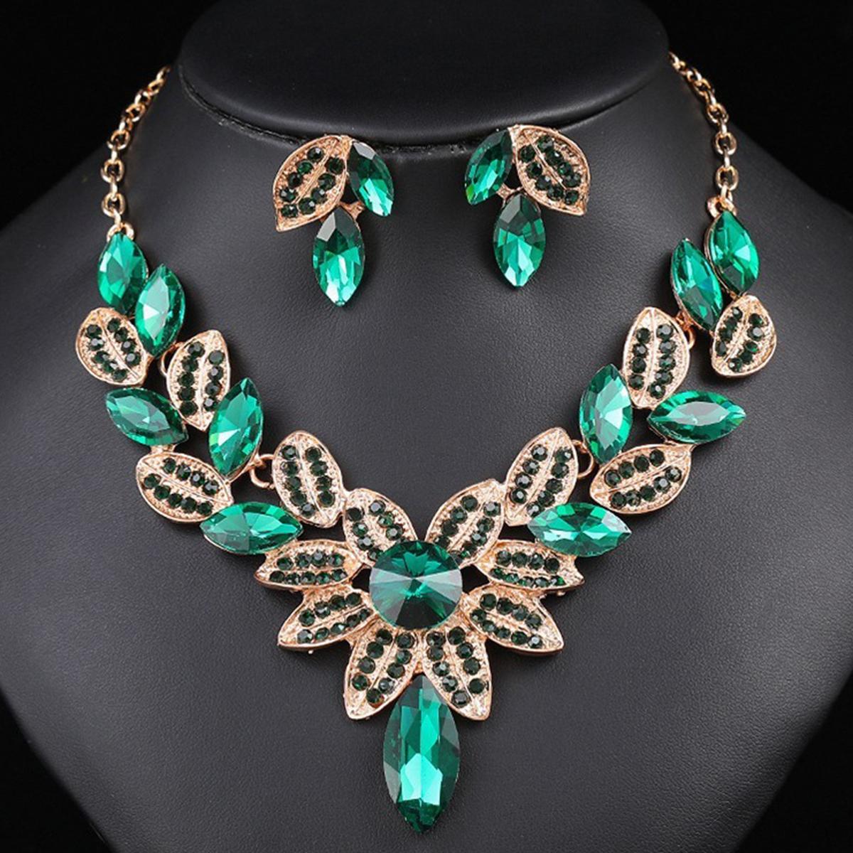 

3 шт. Роскошный женский комплект в дворцовом стиле: колье-капля со стразами, серьги, изысканный высококлассный цирконовый набор для банкетной вечеринки 42cm зелёный