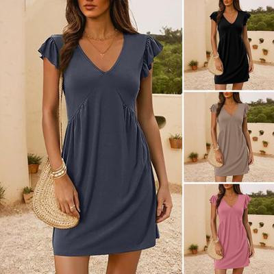Ärmelloses Sommerkleid für Damen, Lotusblatt-Ärmel, tiefer V-Ausschnitt, Minikleid, lässiges Sommerkleid für den Strandurlaub