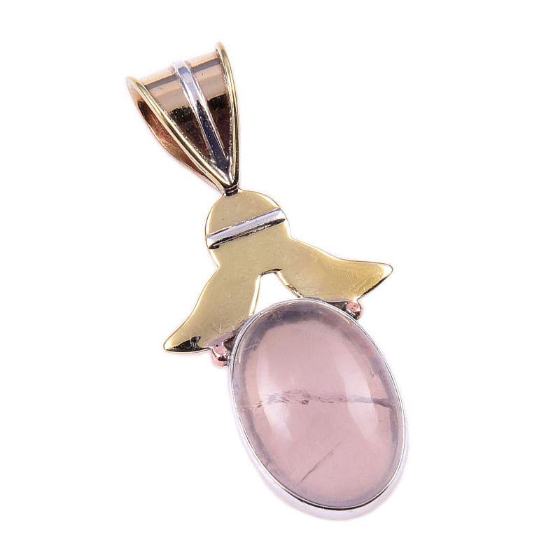 Natural Rose Quartz 925 Solid Sterling Silver Jewelry TwoTone Pendant 1.50" P8A91
