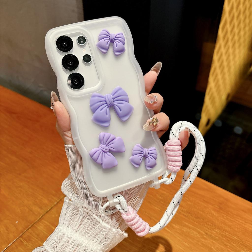 Samsung S25ultra Mobile Phone Case with Large Waves Cute Bow S24plus Integrated Lanyard Hole