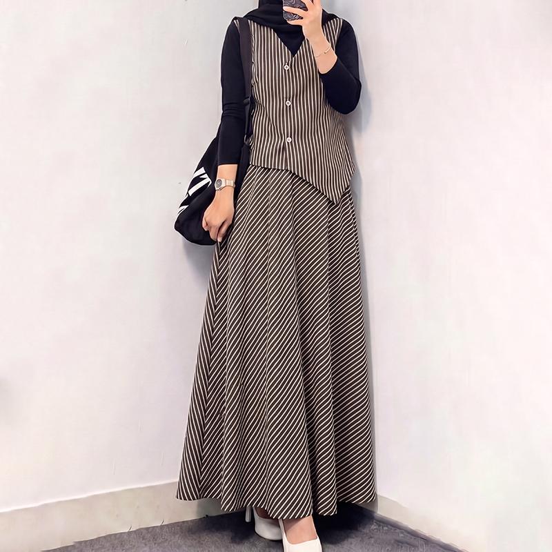 

ZANZEA Women Splice Long Sleeve Blouse and Long Skirts Stripe Prin Two Piece Sets 2XL светло-коричневого