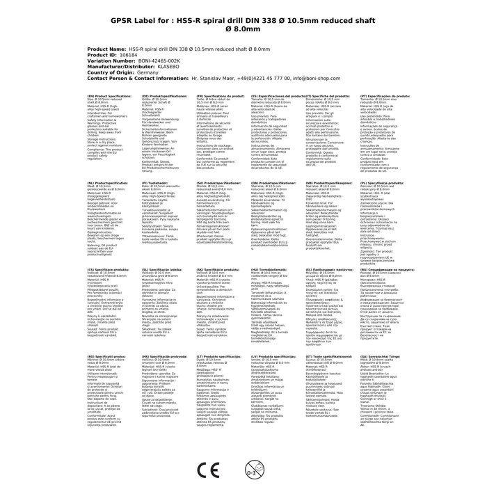 Foret hélicoïdal HSS-R DIN 338 Ø 10,5mm tige réduite Ø 8,0mm