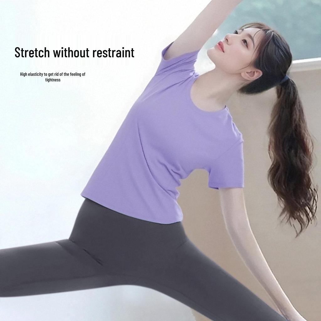 Women's 2026 Short Sleeve Yoga Set: Stunning Loose Round Neck Pilates Top
