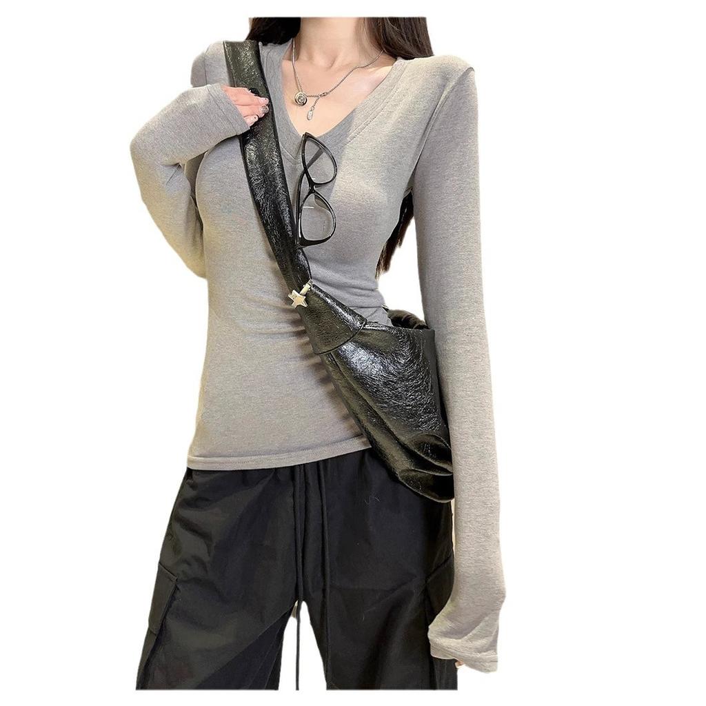 Design Sense V-neck German Velvet Long-sleeved T-shirt Women's New Autumn Inner Basic Bottoming Shirt Top